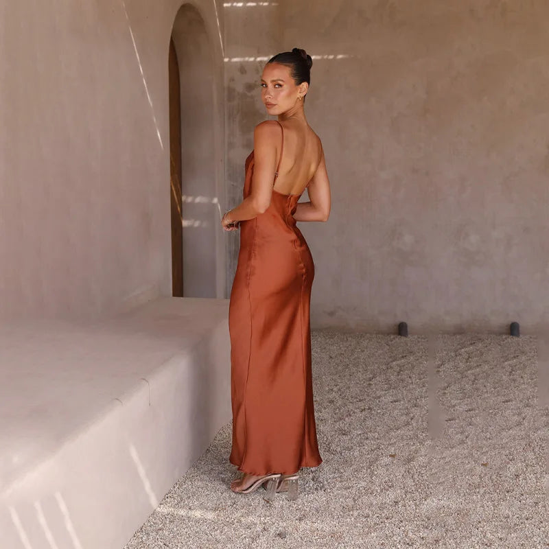 Satin Backless Fitted Maxi Dress with Sleeveless for Women