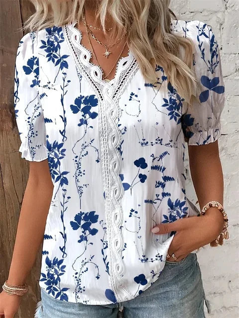 Floral Lace Trim Short Sleeve Blouse for Women