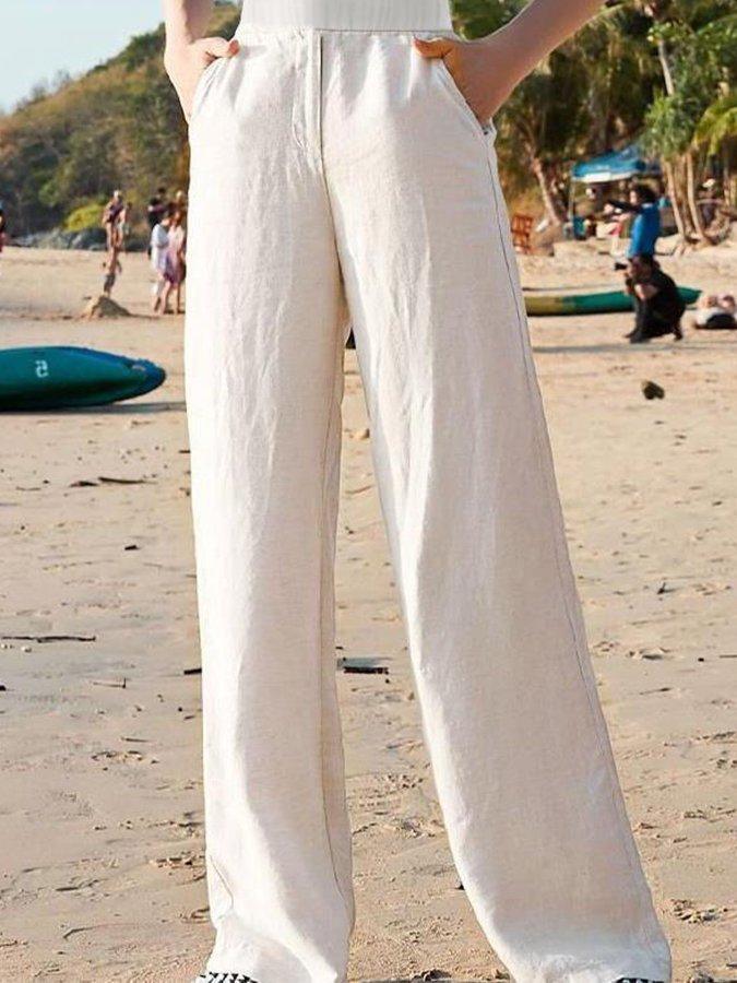 Linen Relaxed Fit Full-Length Trousers for Women