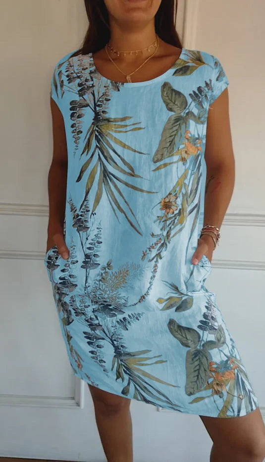 Floral Print Cotton Linen Summer Midi Dress for Women