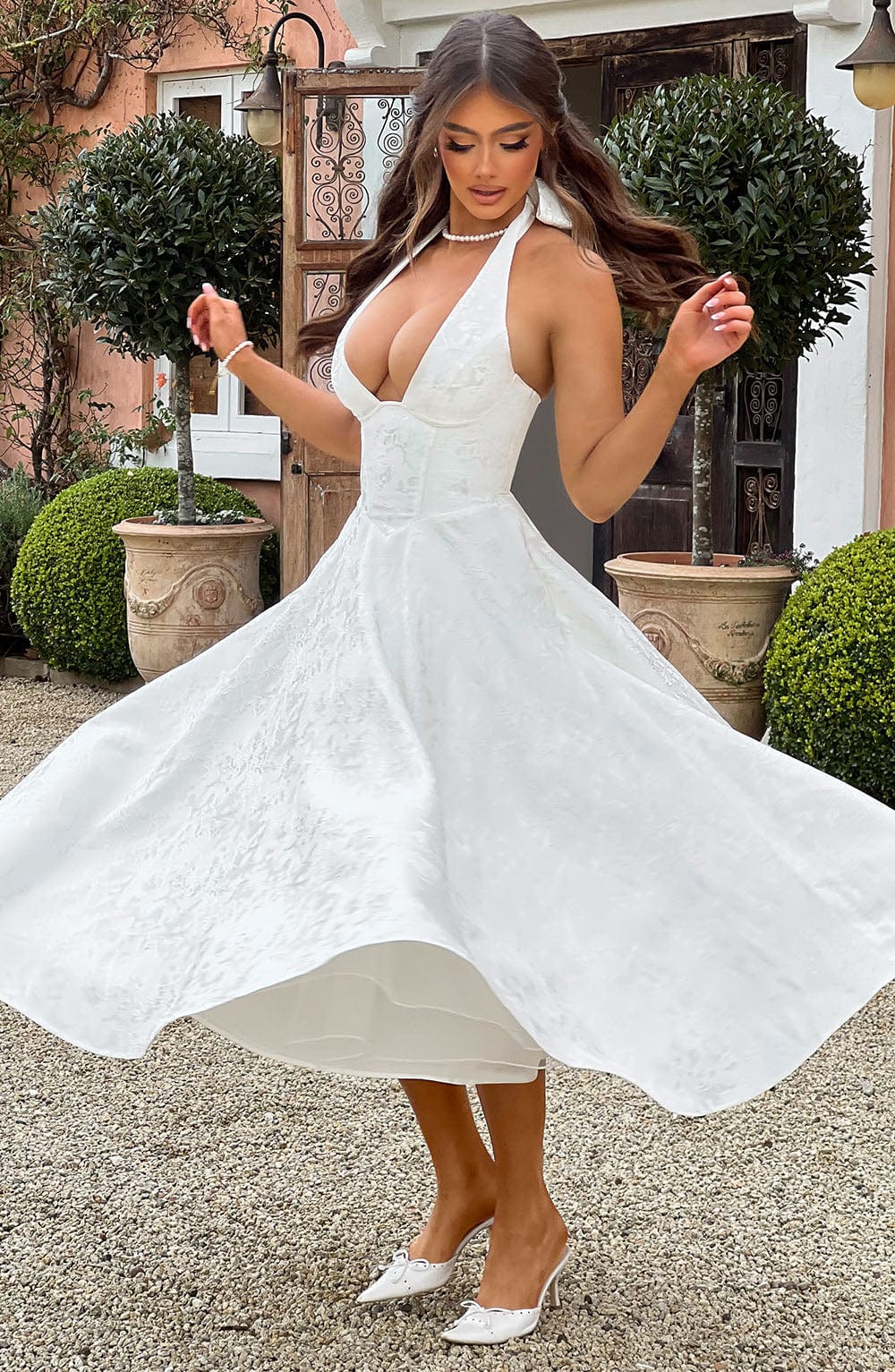 Fitted Flared Halter Neck Midi Dress for Women