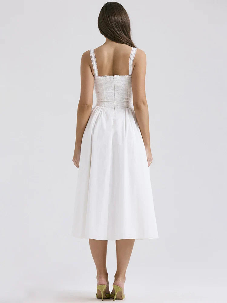 White Linen Midi Dress Lightweight Summer Dress for Women