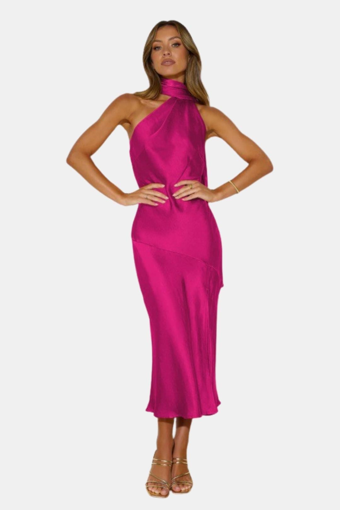 Satin Midi Dress with Gathered for Women