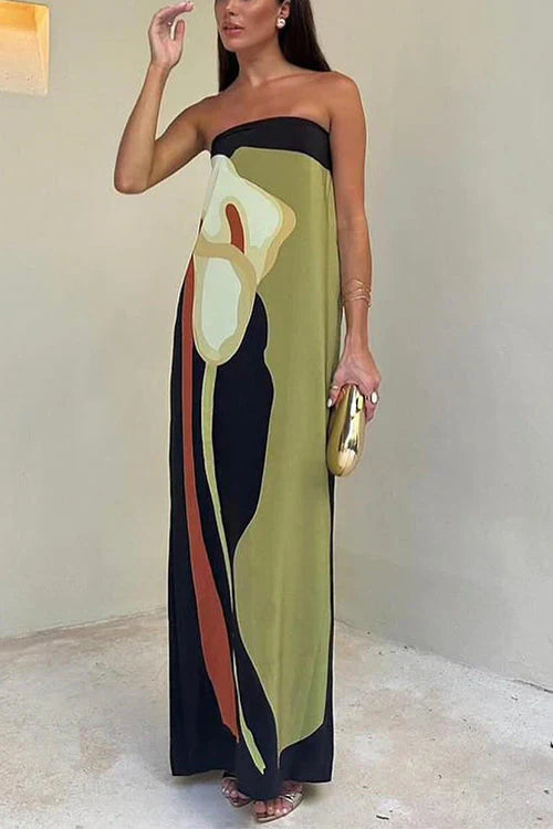 Printed Flowing Fitted Maxi Dress with Strapless for Women