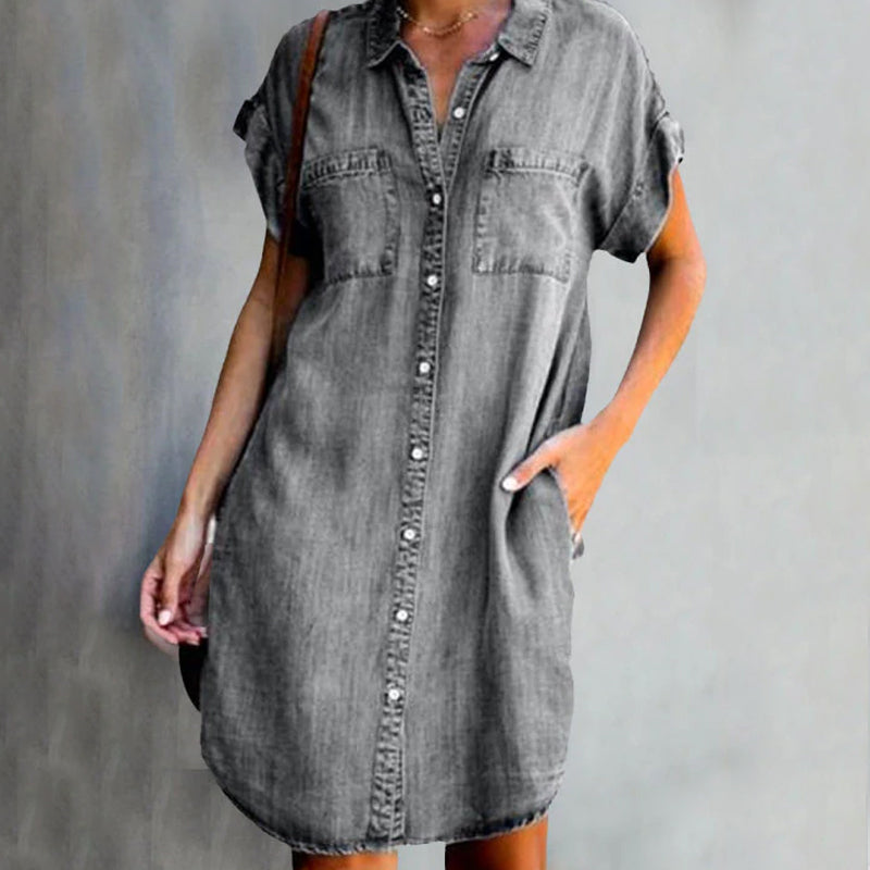 Denim Short Sleeve Midi Dress for Women