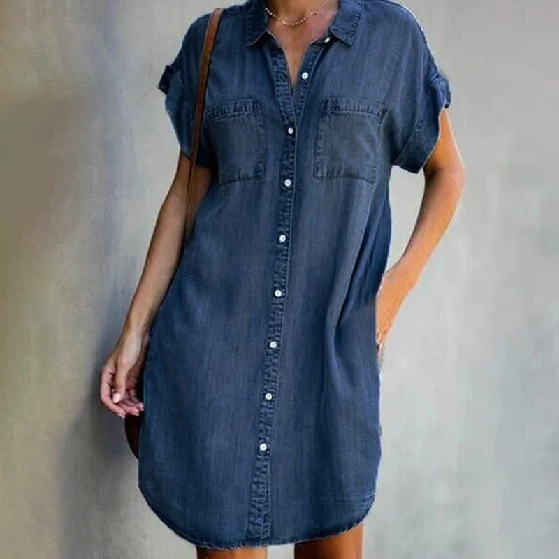 Denim Short Sleeve Midi Dress for Women