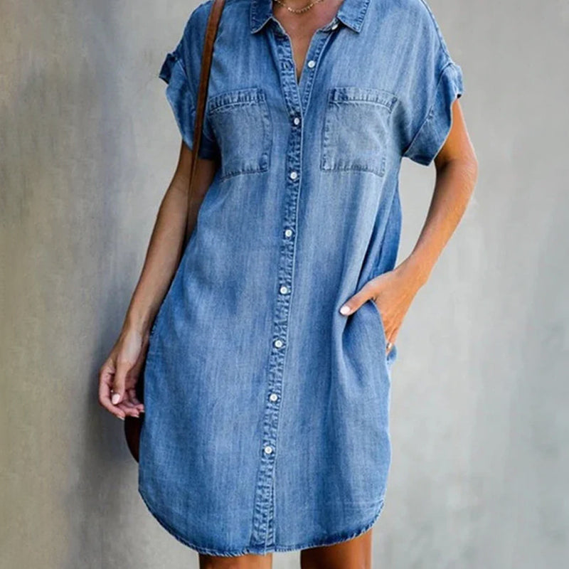 Denim Short Sleeve Midi Dress for Women