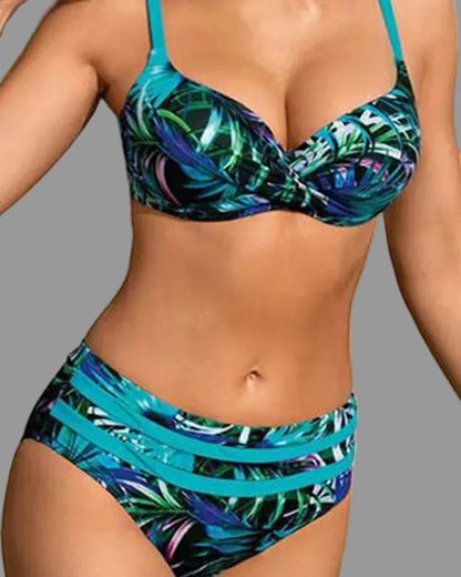 High waist bikini set with leaf print and clean silhouette for women