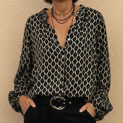 Relaxed Fit V-Neck Long Sleeve Blouse for Women