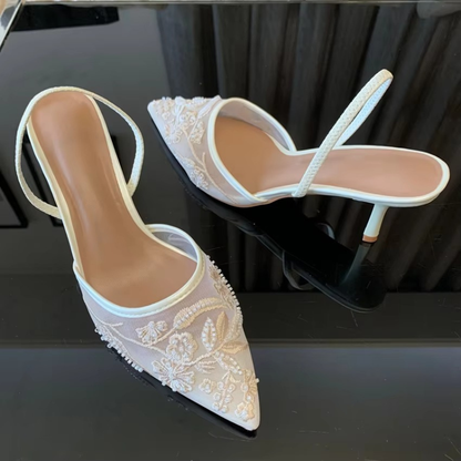 Embroidered Mesh Kitten Heel Slingback Pointed Toe Shoes for Women