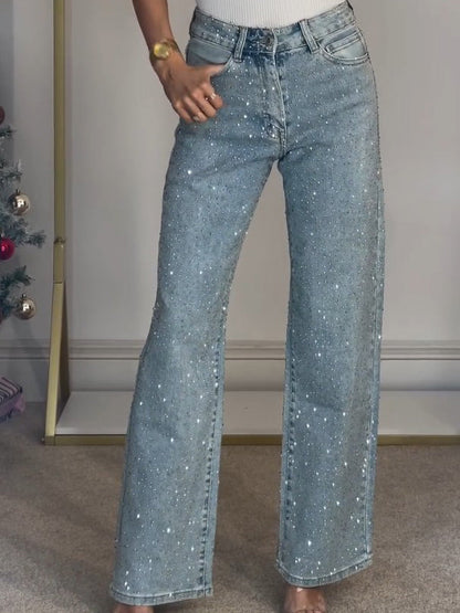 Denim Glitter Straight Leg High-Waist Jeans for Women
