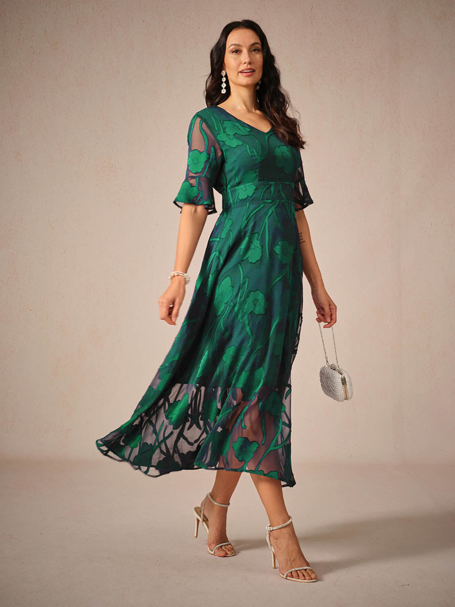 Lace Detail Full-Length Maxi Dress with Flutter Sleeve for Women