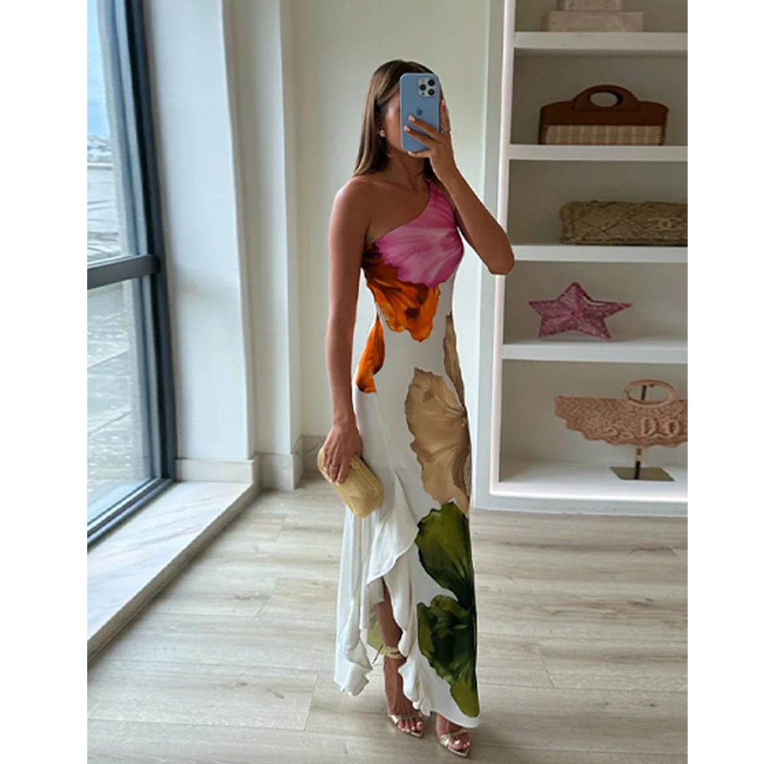 Floral Flowing Full-Length Maxi Dress with One-Shoulder for Women