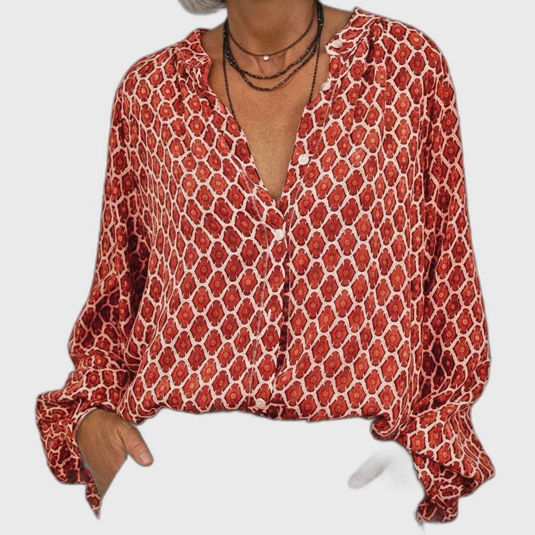 Relaxed Fit V-Neck Long Sleeve Blouse for Women