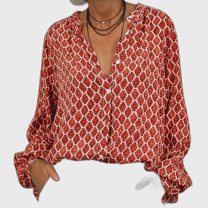 Relaxed Fit V-Neck Long Sleeve Blouse for Women