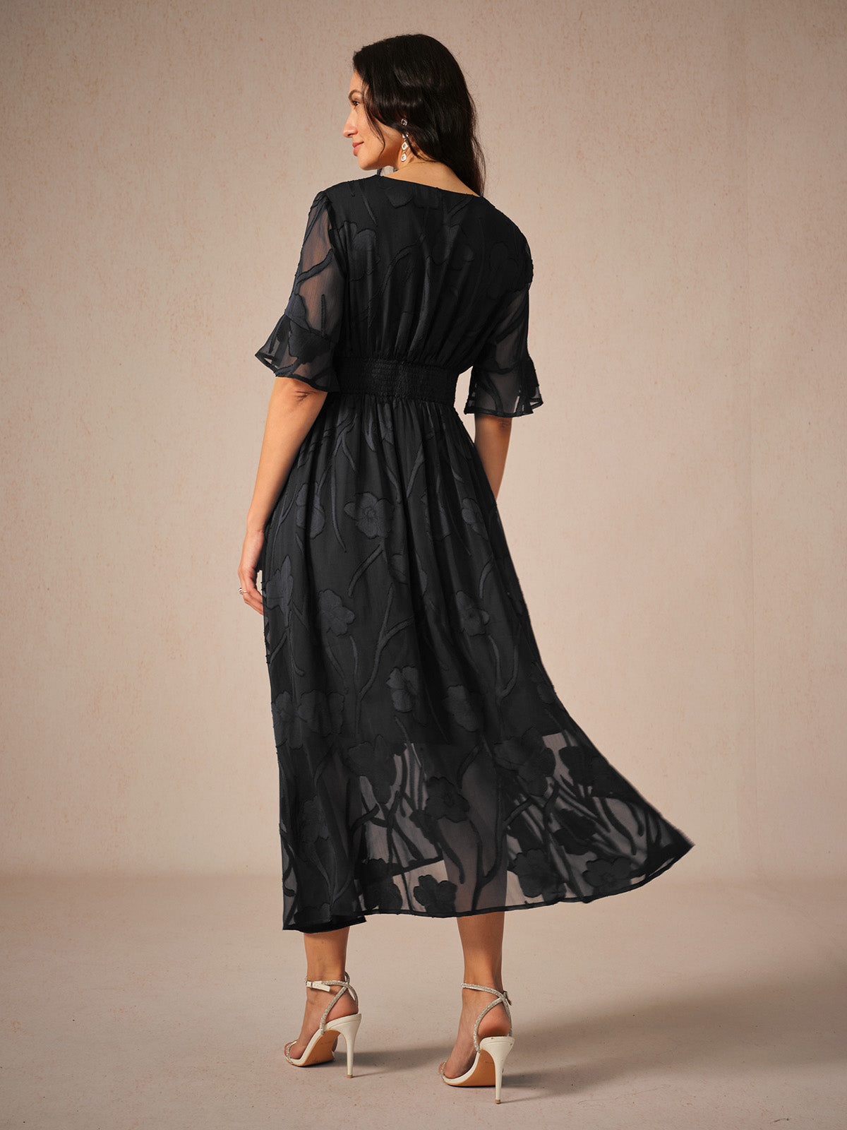 Lace Detail Full-Length Maxi Dress with Flutter Sleeve for Women