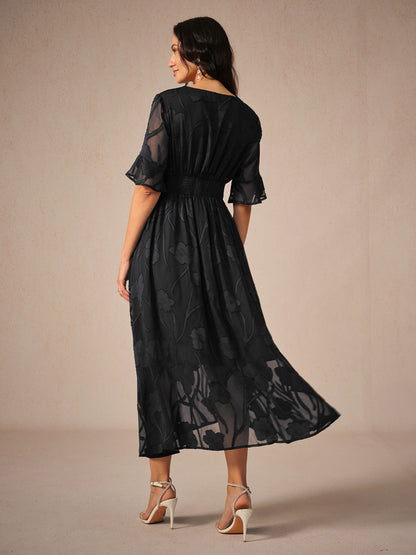 Lace Detail Full-Length Maxi Dress with Flutter Sleeve for Women