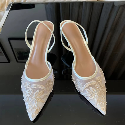 Embroidered Mesh Kitten Heel Slingback Pointed Toe Shoes for Women