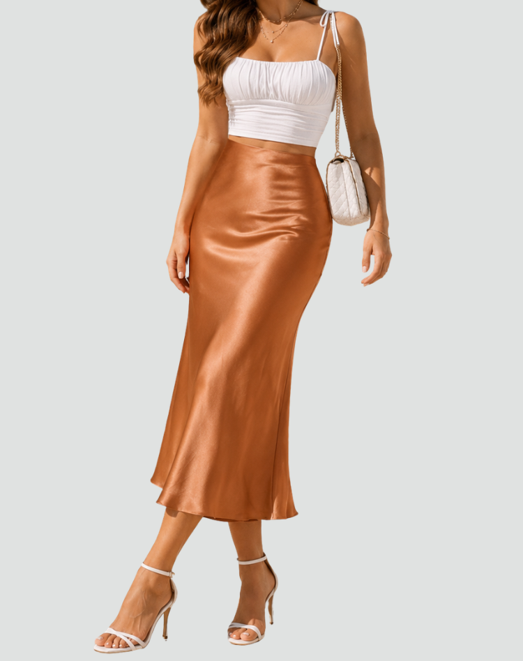 Satin midi skirt with a clean slip cut for women