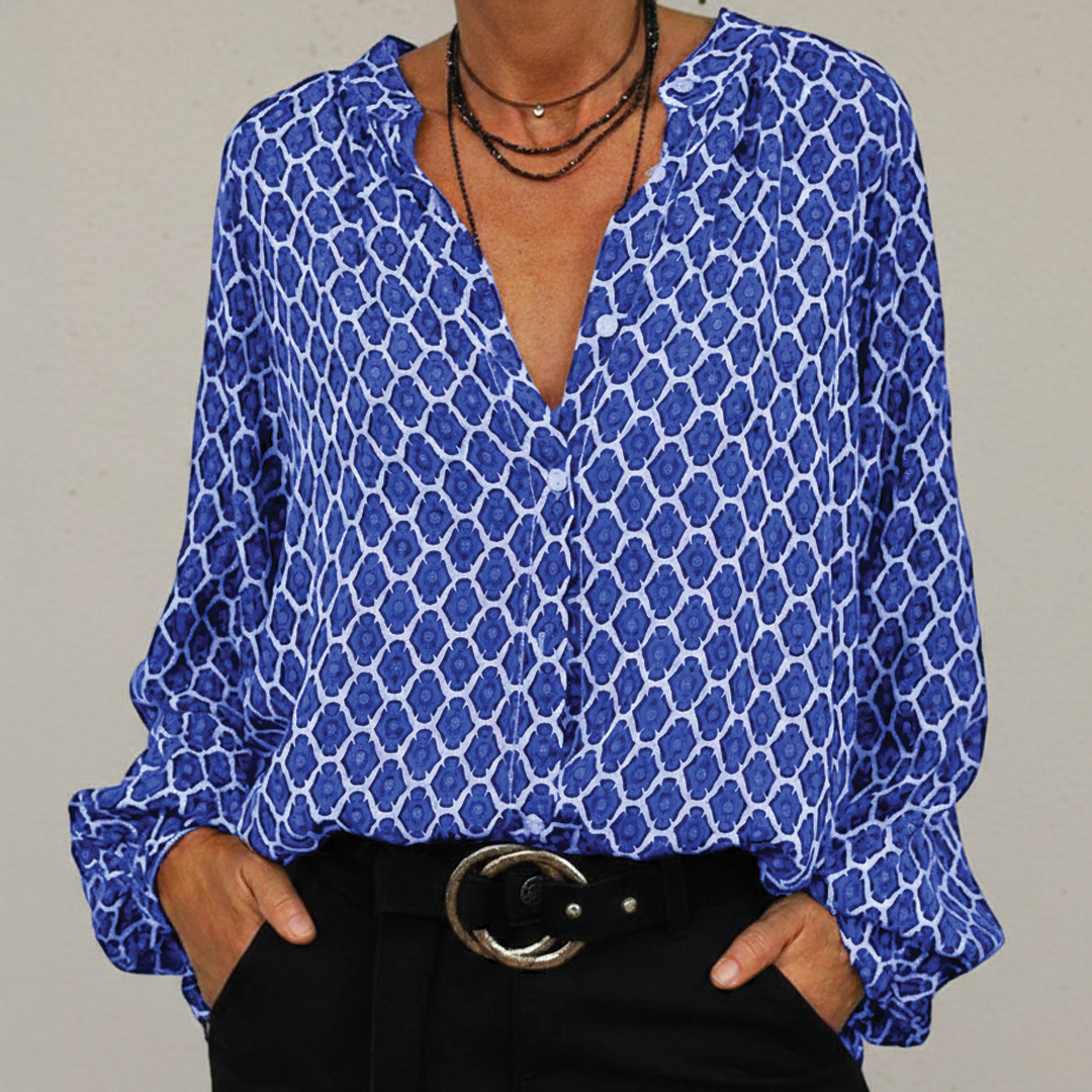 Relaxed Fit V-Neck Long Sleeve Blouse for Women