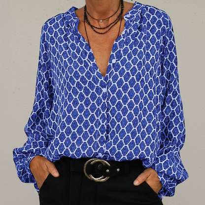 Relaxed Fit V-Neck Long Sleeve Blouse for Women