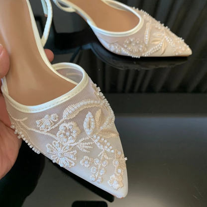 Embroidered Mesh Kitten Heel Slingback Pointed Toe Shoes for Women