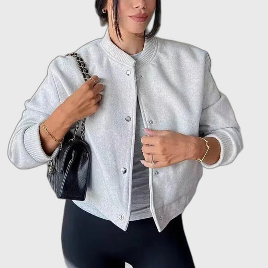 Ribbed Cropped Casual Bomber Jacket with Long Sleeve for Women