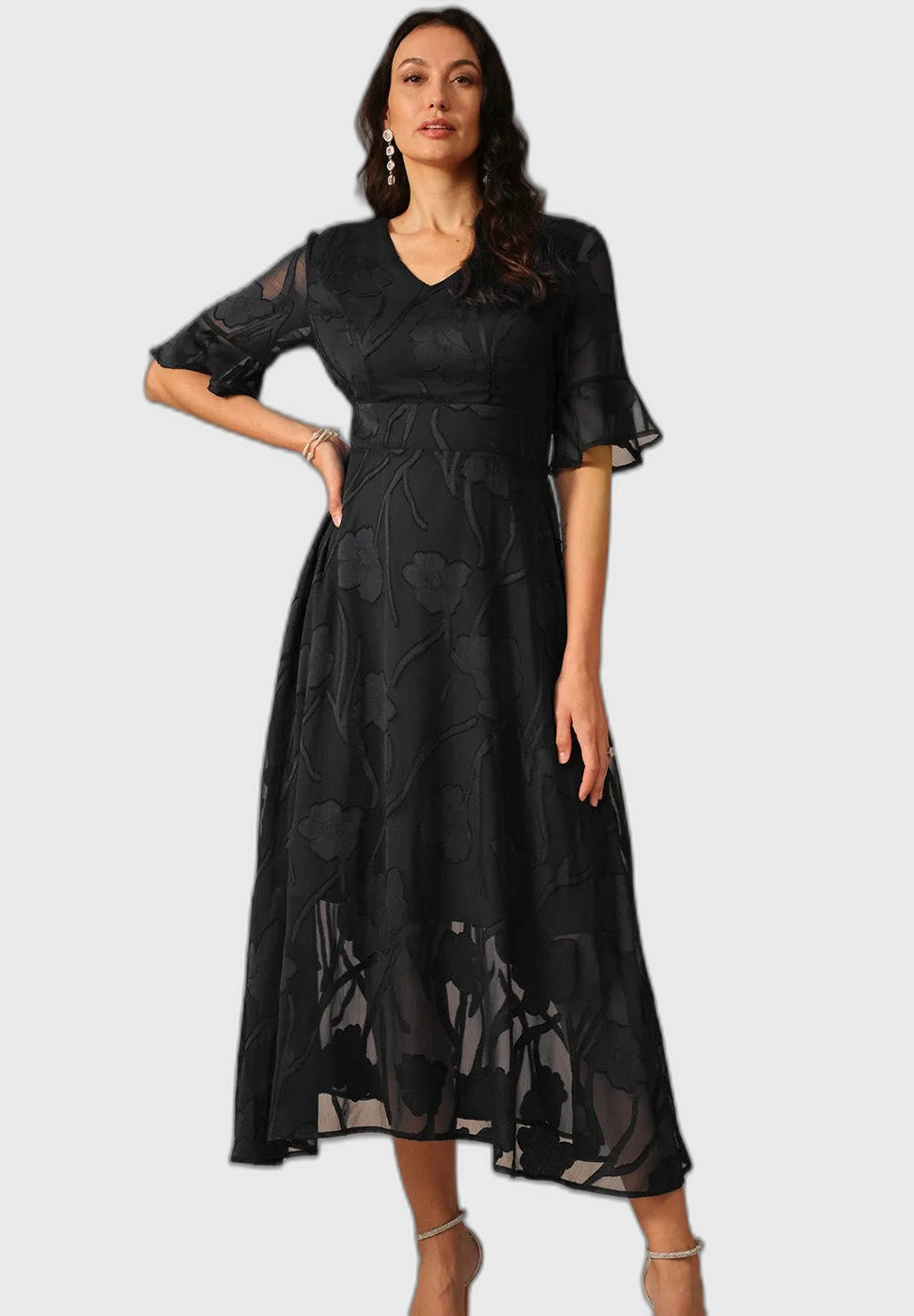 Lace Detail Full-Length Maxi Dress with Flutter Sleeve for Women