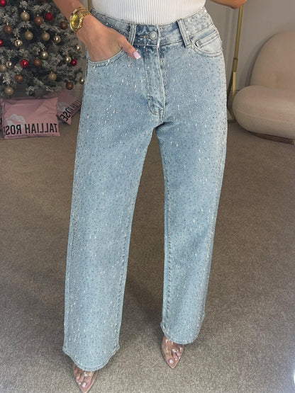 Denim Glitter Straight Leg High-Waist Jeans for Women