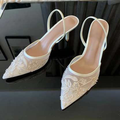 Embroidered Mesh Kitten Heel Slingback Pointed Toe Shoes for Women