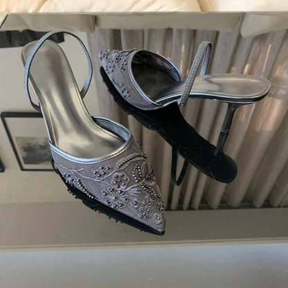 Embroidered Mesh Kitten Heel Slingback Pointed Toe Shoes for Women