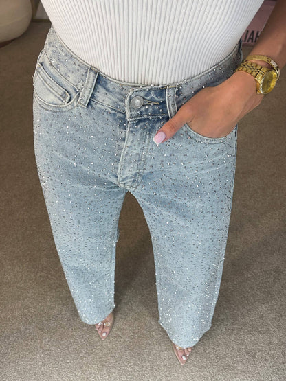 Denim Glitter Straight Leg High-Waist Jeans for Women