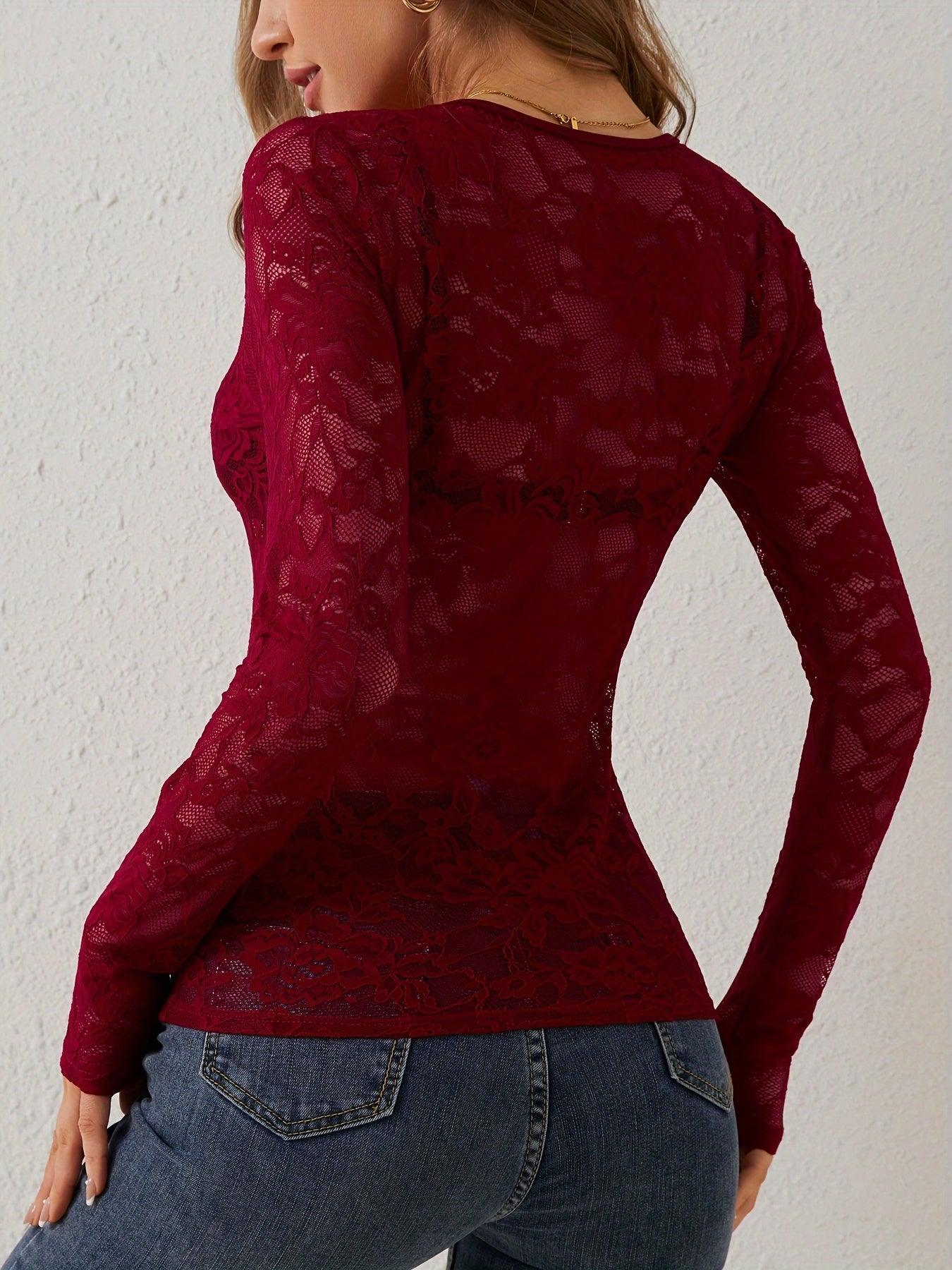Lace bodysuit with long sleeves and deep neckline