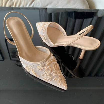 Embroidered Mesh Kitten Heel Slingback Pointed Toe Shoes for Women