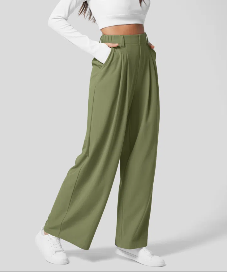 Wide Leg Trousers High Waist Stretch Pull-On for Women