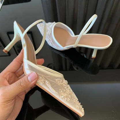 Embroidered Mesh Kitten Heel Slingback Pointed Toe Shoes for Women