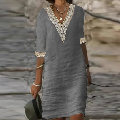Cotton Linen Midi Dress Lightweight Woven Summer Dress for Women