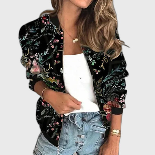 Printed Ribbed Relaxed Fit Bomber Jacket with Long Sleeve for Women