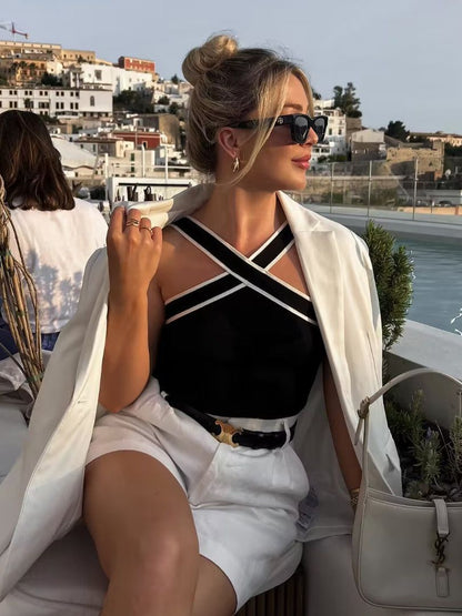 Draped Fitted Summer Halter Neck Top with Sleeveless for Women