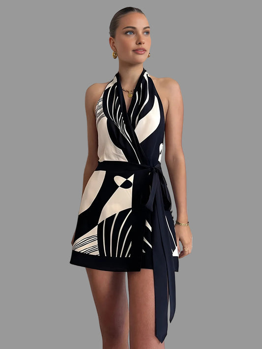 Abstract halter neck wrap dress in satin blend for women