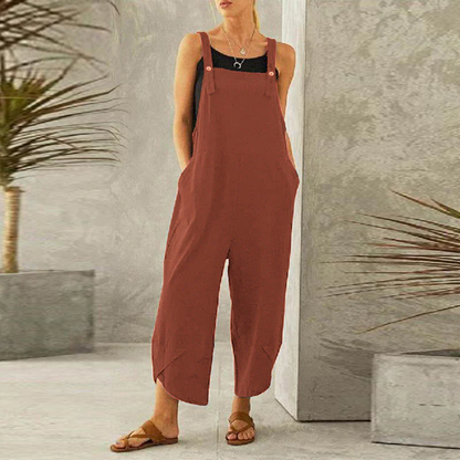 Dungaree style jumpsuit with adjustable straps and relaxed fit for women