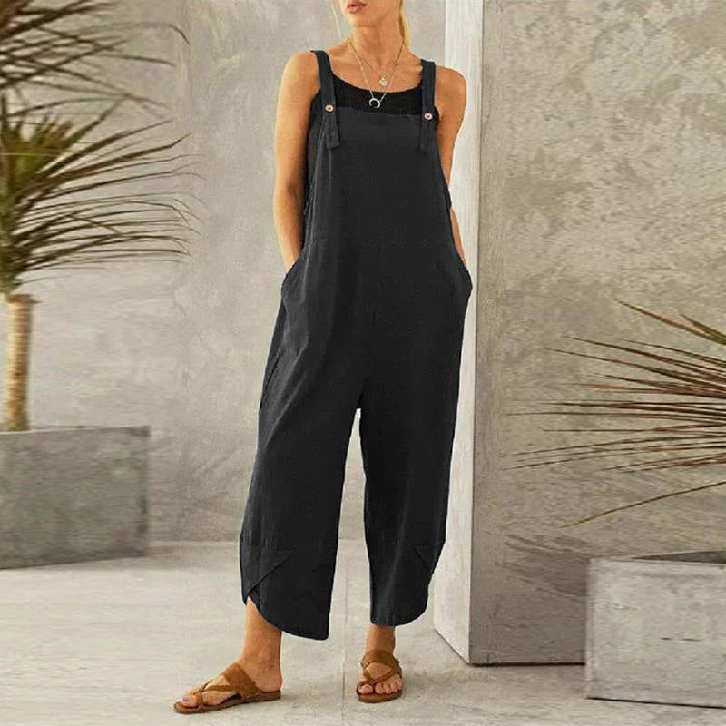 Dungaree style jumpsuit with adjustable straps and relaxed fit for women