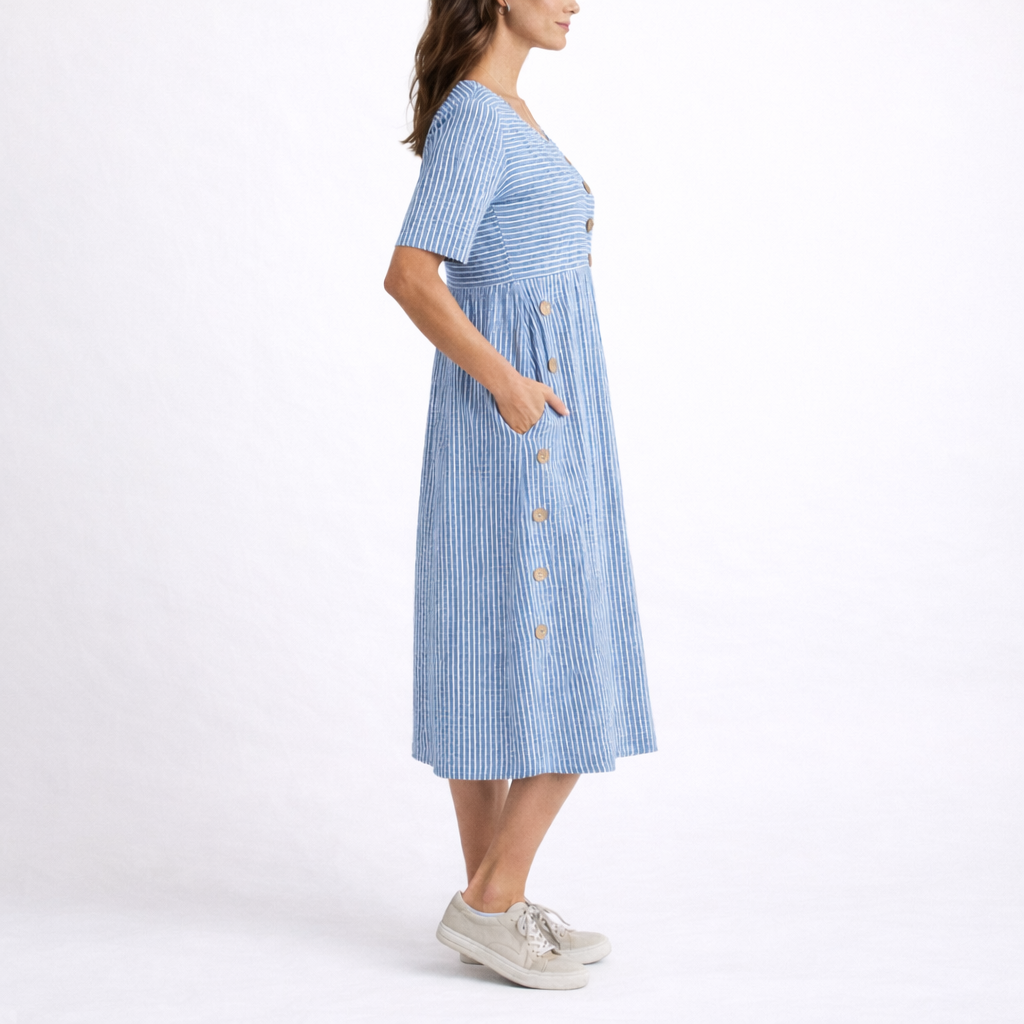 Striped Midi Dress with Round Neck for women