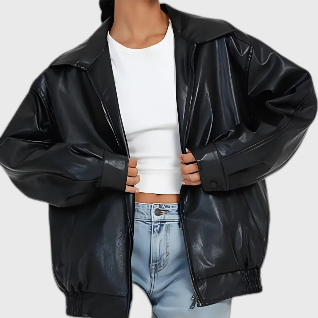 Ribbed Oversized Loose Fit Bomber Jacket with Long Sleeve for Women