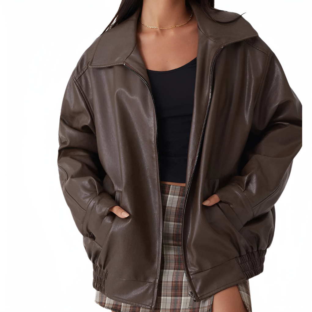 Ribbed Oversized Loose Fit Bomber Jacket with Long Sleeve for Women