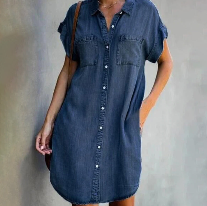 Denim Short Sleeve Midi Dress for Women