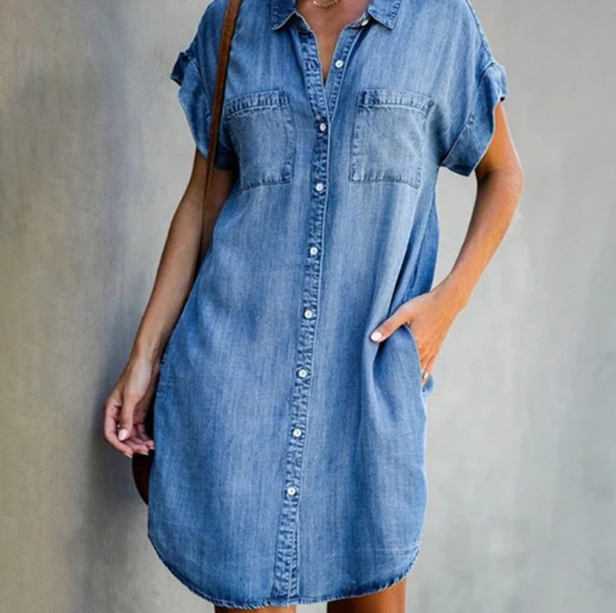 Denim Short Sleeve Midi Dress for Women
