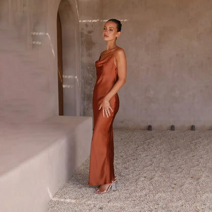Satin Backless Fitted Maxi Dress with Sleeveless for Women