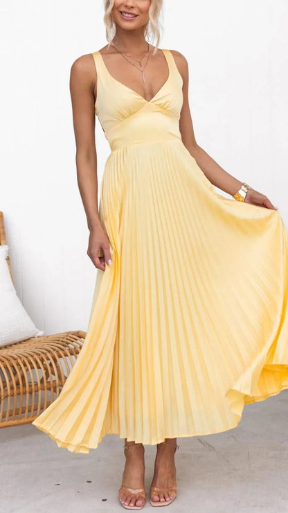 Pleated V-Neck Maxi Dress with Flowing for Women