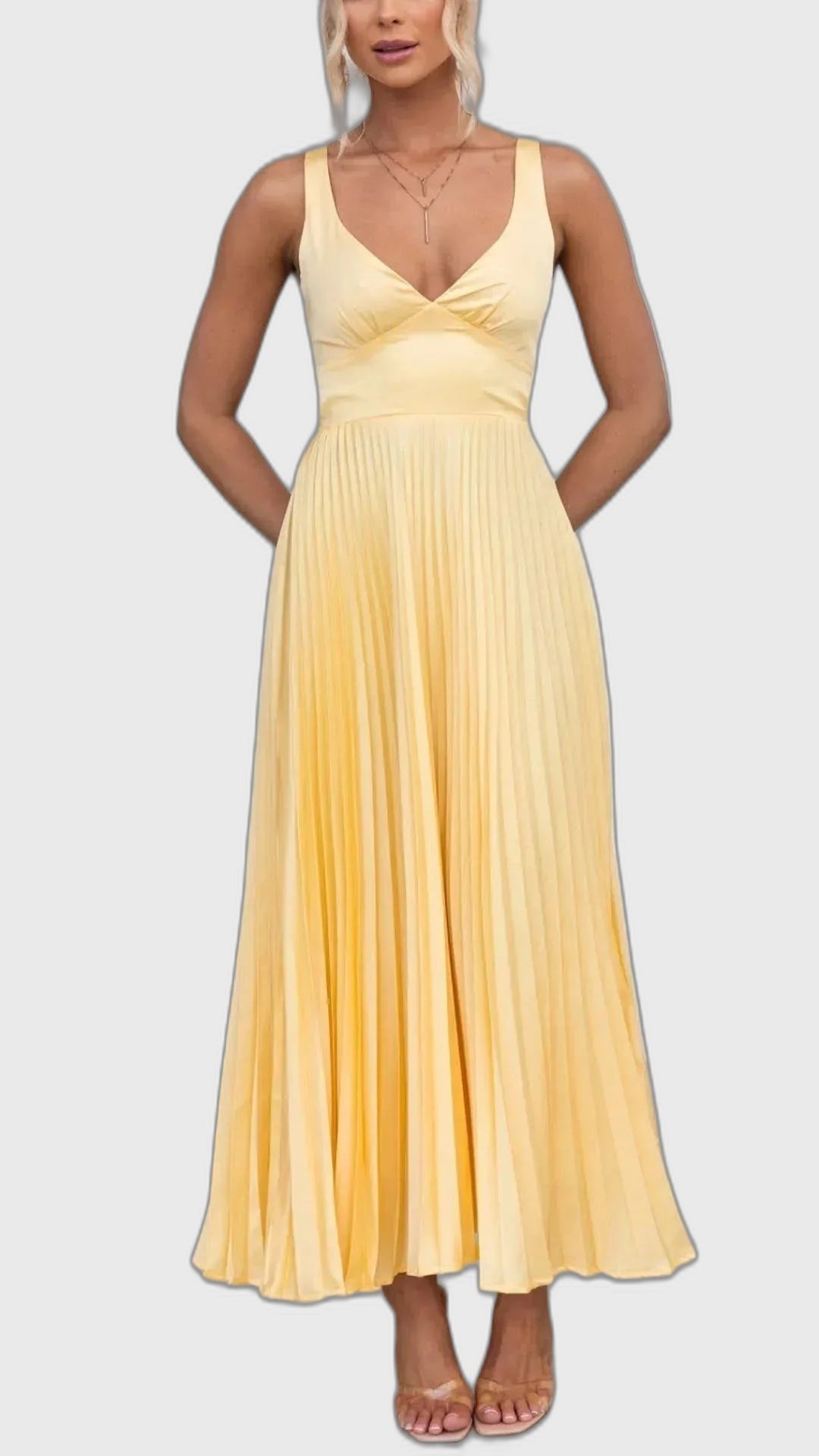 Pleated V-Neck Maxi Dress with Flowing for Women